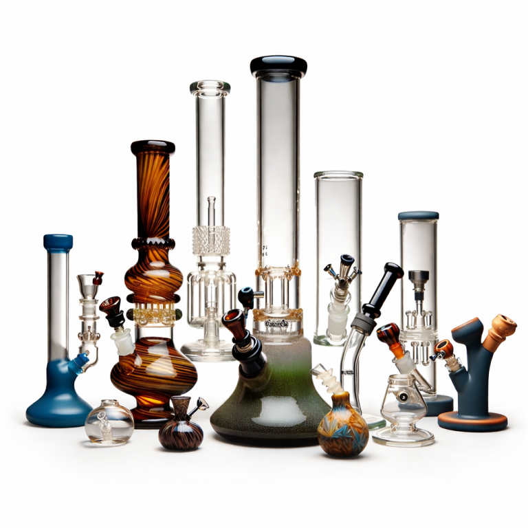 a collection of glass bongs